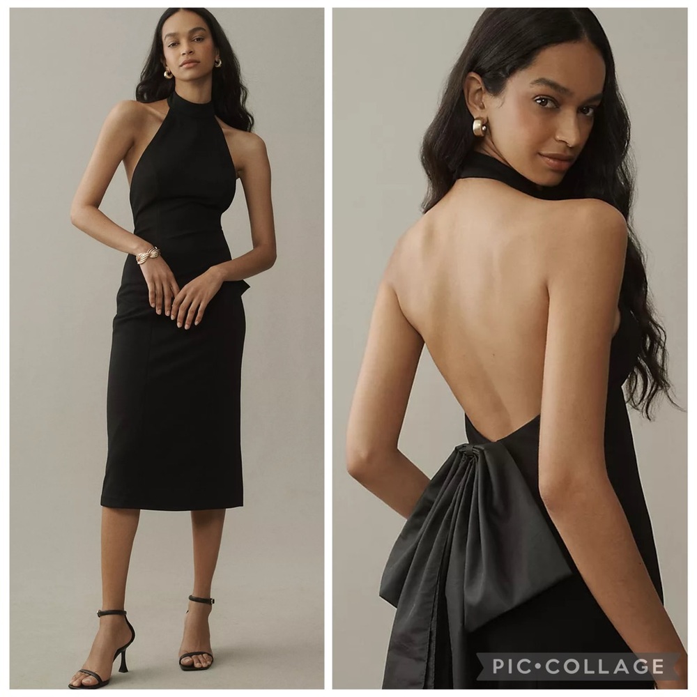 BHLDN Cecily High-Neck Bow-Back Stretch Crepe Midi Dress large